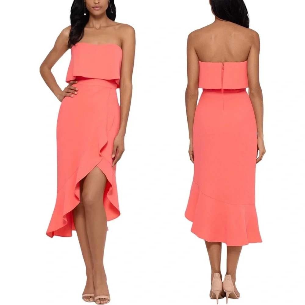 XSCAPE Dress Womens Sz 4 Strapless Crepe Bustier Ruffle Coral Hi Low Hem